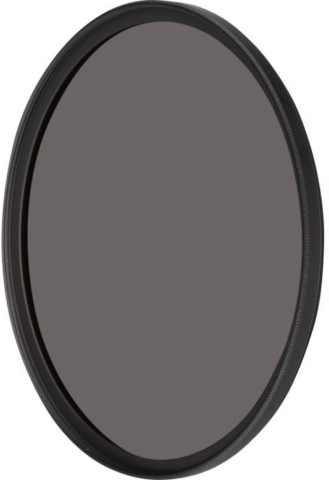 Cirkelvormig cameralensfilter. Donkergrijze kleur. Zwart frame. Witte achtergrond.