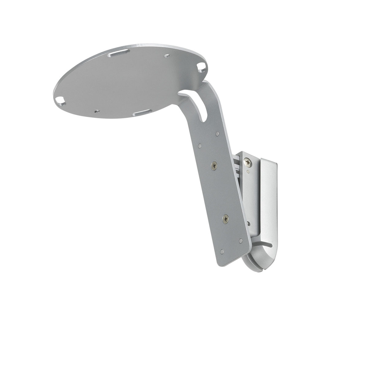 Een zilverkleurig metalen apparaat gemonteerd op een witte achtergrond. Het heeft een ovale plaat en een gebogen arm.