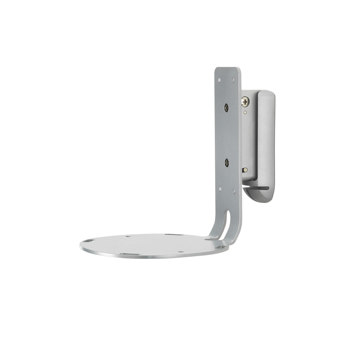 Zilveren luidsprekerbeugel, ronde basis, verticale steun met schroeven. Witte achtergrond.