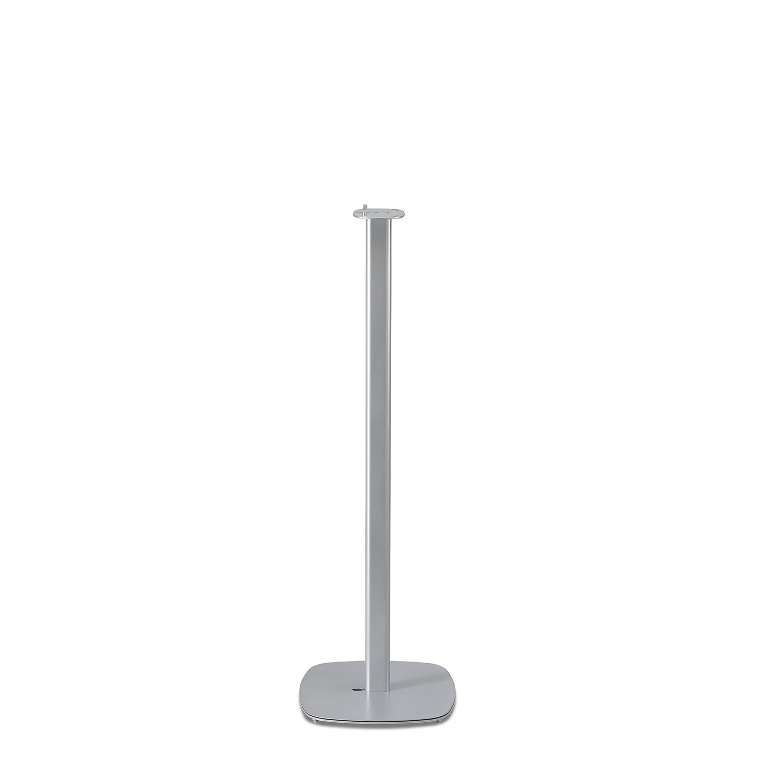 Zilveren metalen standaard op een vierkante basis, enkele paal, witte achtergrond.