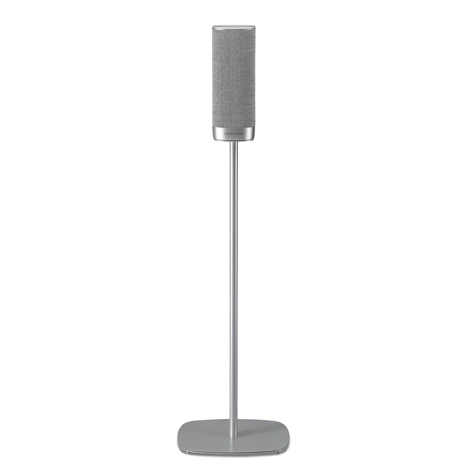 Een zilveren luidspreker op een hoge metalen standaard met een vierkante basis.