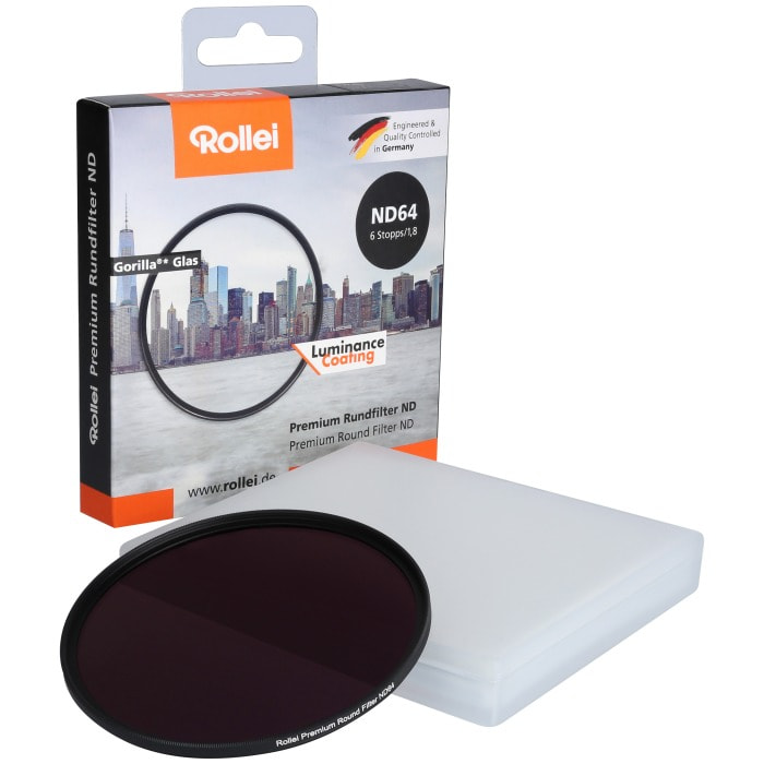 Un kit de filtre Rollei ND64, avec filtre, boîte et étui. Le filtre est noir.