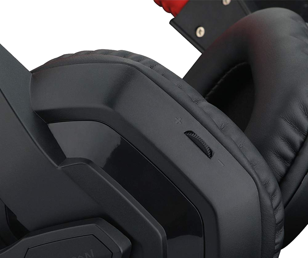 Fekete gamer headset hangerőszabályzó kerékkel a jobb fülkagylón.