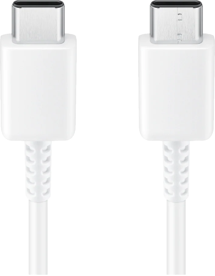 Due cavi USB-C bianchi con connettori, su sfondo nero.
