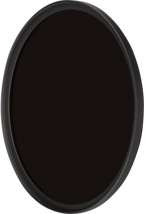Cirkelvormig zwart camerafilter. Het heeft een zwart frame met een getextureerde rand.