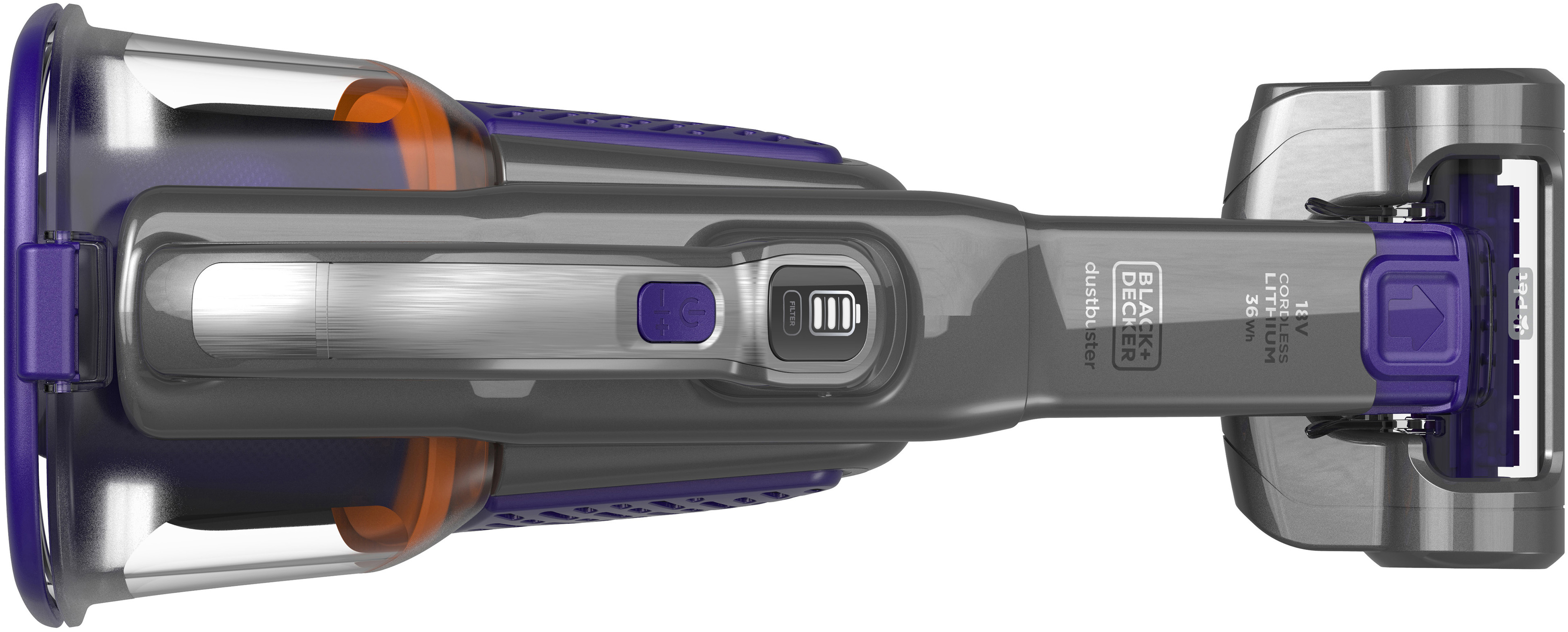 A top-down view of a gray and purple Black+Decker Dustbuster vacuum cleaner.