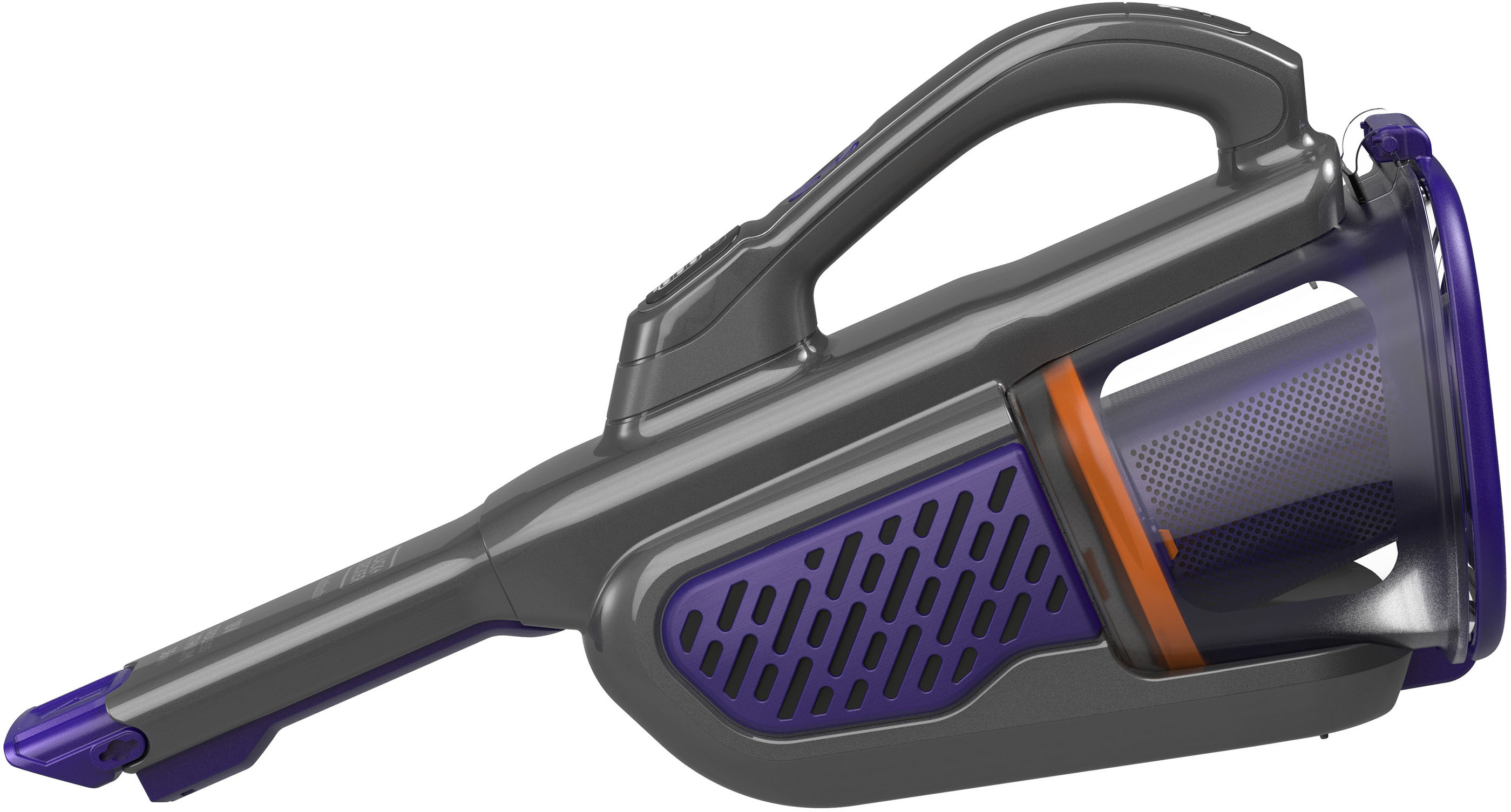 Gray and purple cordless vacuum cleaner. It has a handle and a long nozzle.
