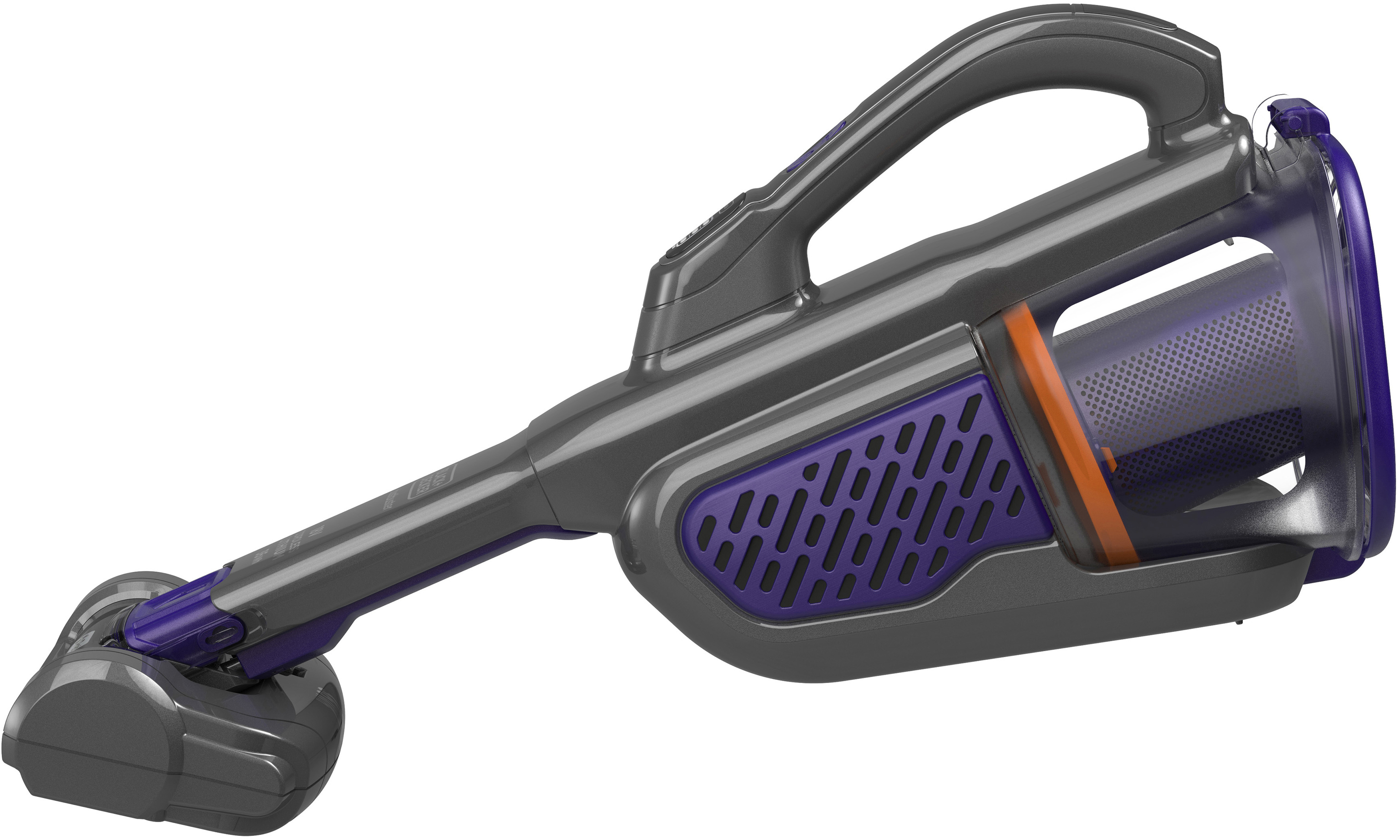 Gray and purple handheld vacuum cleaner. It's cordless with a handle and a nozzle.