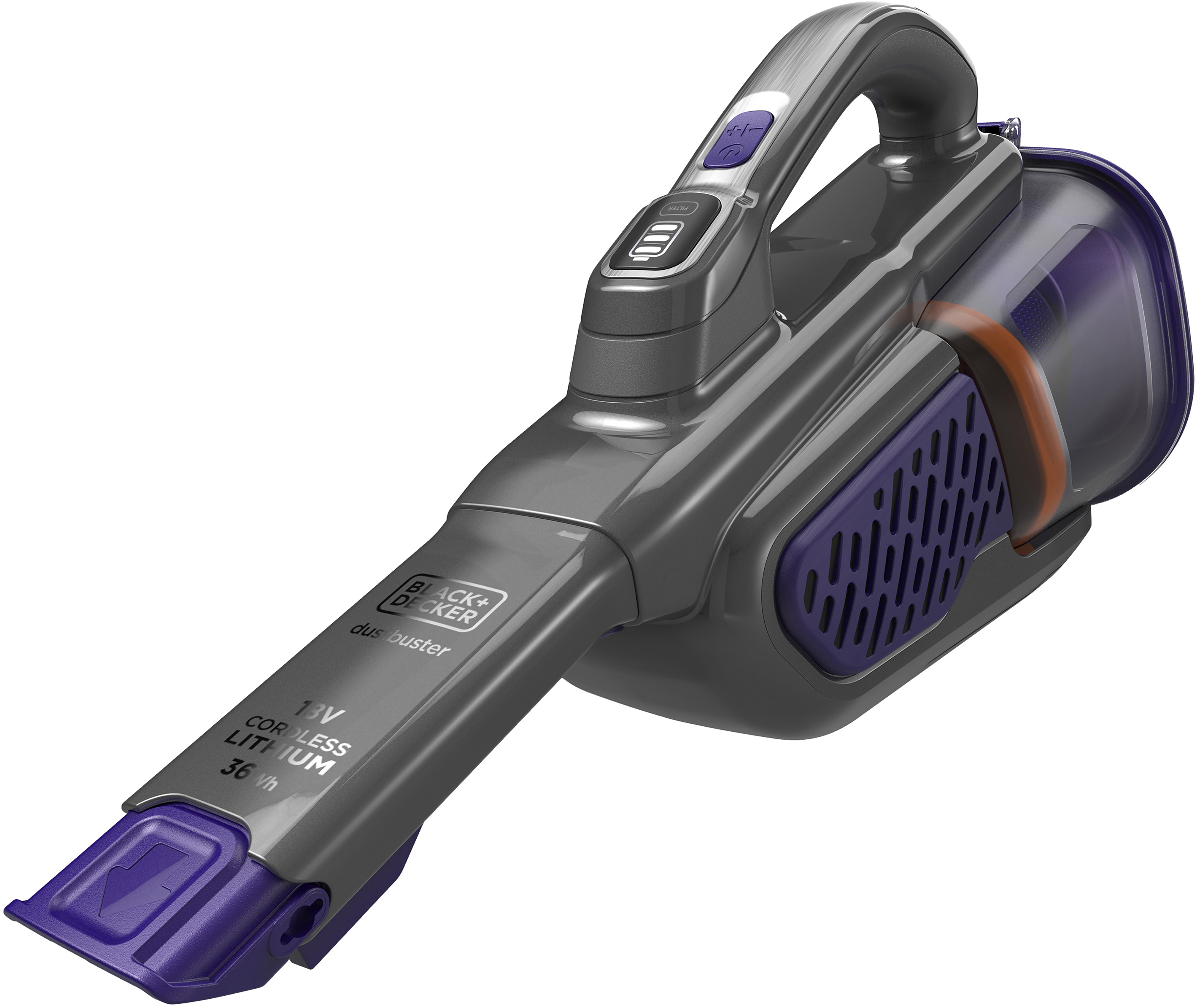 Black and gray Black+Decker Dustbuster handheld vacuum cleaner, purple accents, white background.