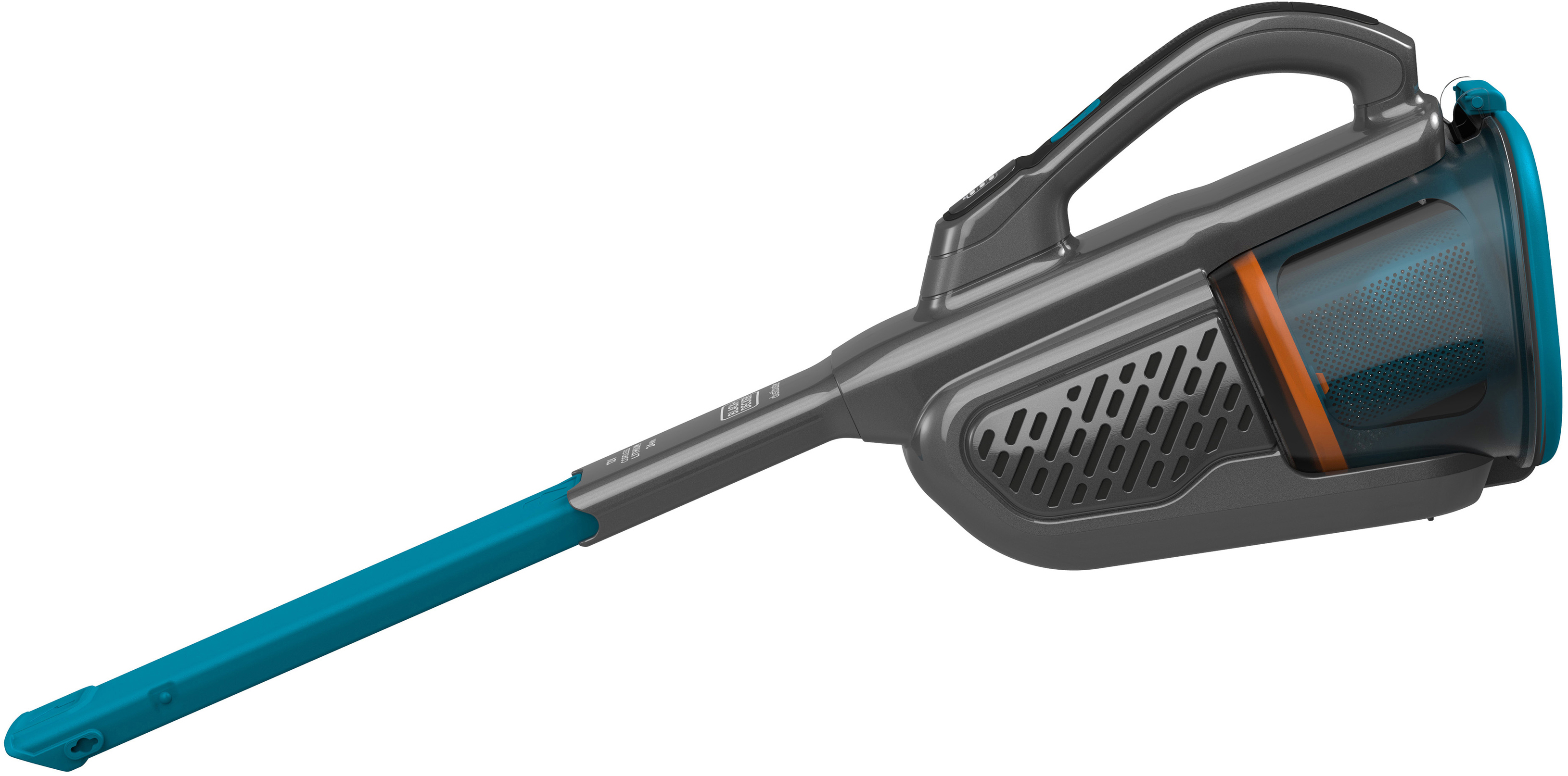 Un aspirateur à main gris et turquoise, vue en angle, sur fond blanc.