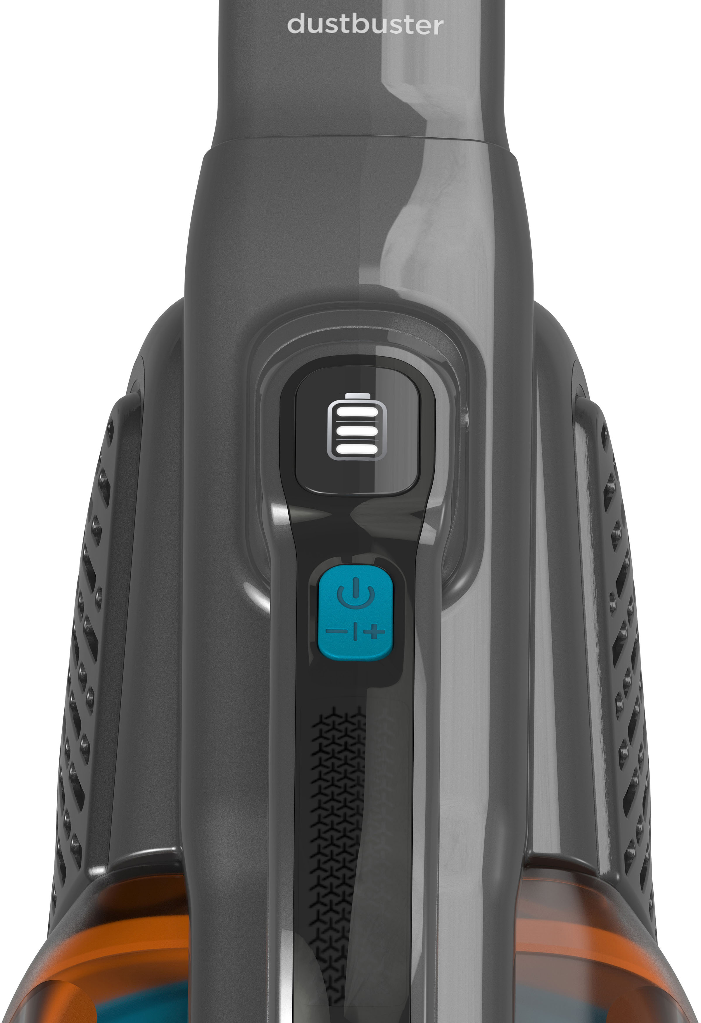Le dessus d'un aspirateur à main noir et orange. Affiche le bouton d'alimentation et l'indicateur de batterie.