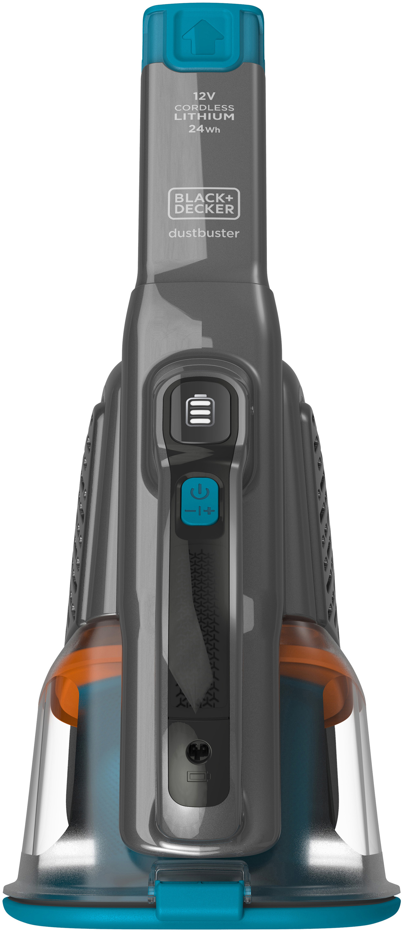 Un aspirateur à main sans fil gris et bleu, avec des boutons et un port de charge.