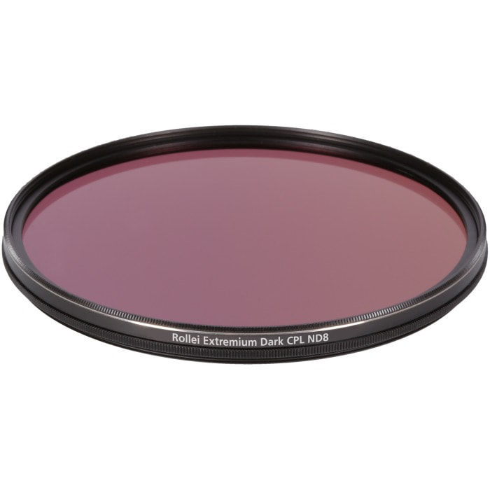Circular camera filter with a dark purple tint. It has a black metal frame.