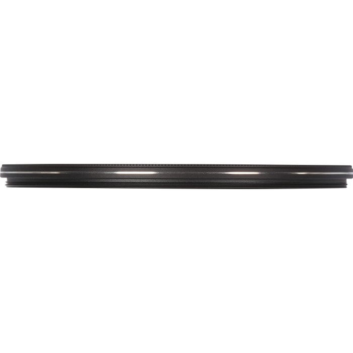 Black, circular object with a silver rim. Possibly a lens filter.