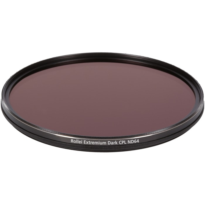 Circular filter with a dark brown glass. The filter is black. Text is at the bottom of the filter.