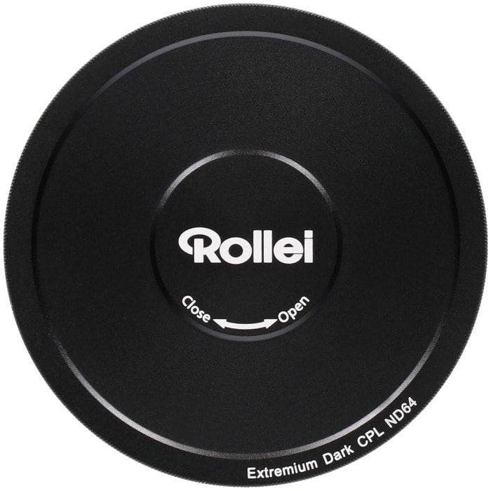A black Rollei camera lens filter with white text.