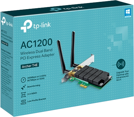 Eine TP-Link AC1200 Wireless Dual-Band PCI Express Adapterbox, mit der Adapterkarte sichtbar.