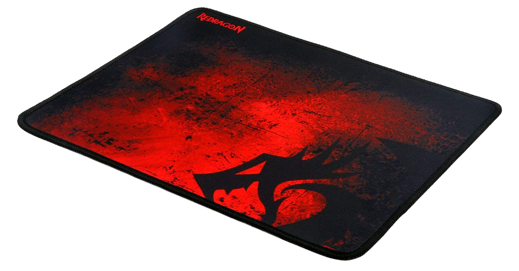 Redragon egérpad. Fekete, piros absztrakt dizájnnal és Redragon logóval. Fekete szegély.