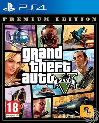 Grand Theft Auto V game cover met diverse actiescènes en karakter afbeeldingen.