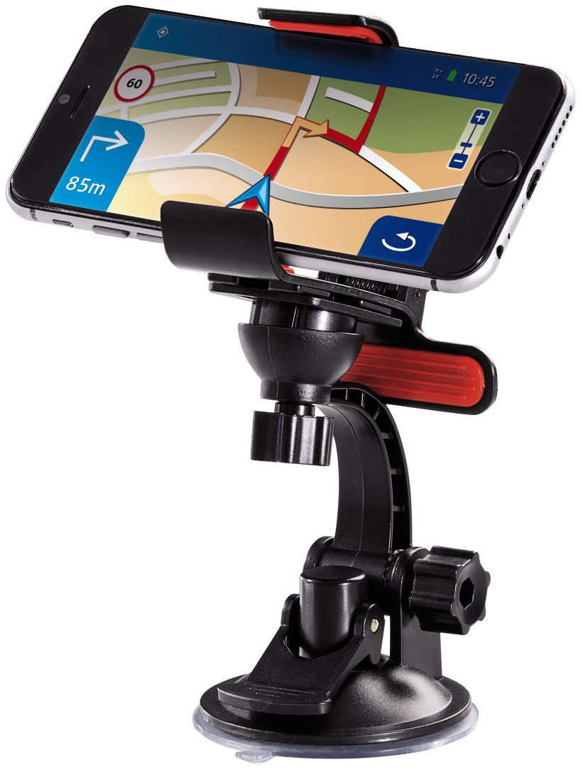 Smartphone monté sur un support de voiture affichant une application de navigation.