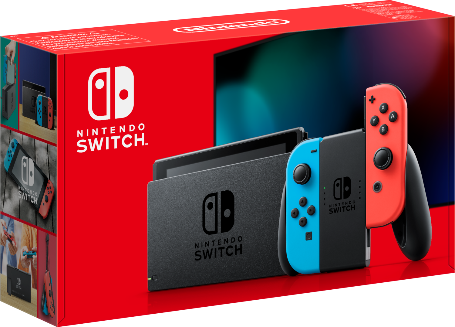 Boîte Nintendo Switch avec console, écran et manettes. Boîte rouge avec logo Switch et images.