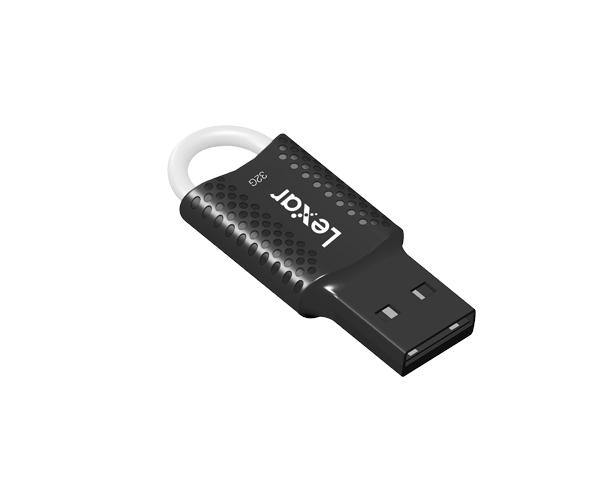 Beyaz bir halkaya sahip siyah ve gri Lexar USB flash sürücü.