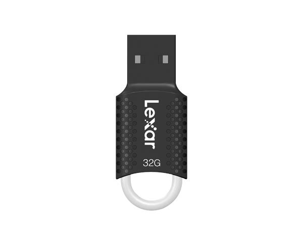 Metal bir döngüye sahip siyah Lexar USB flash sürücü. 'Lexar 32G' metni görünür.