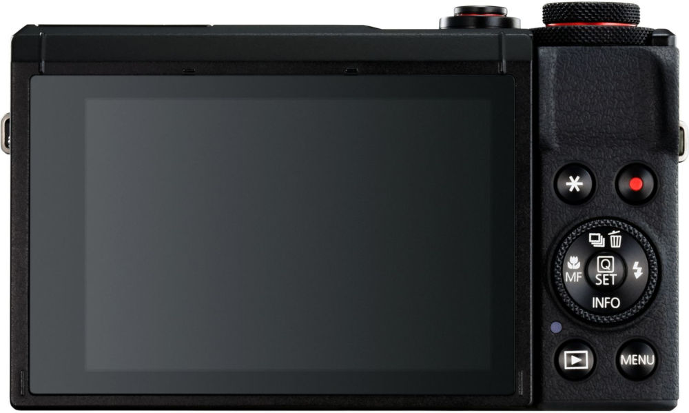Black camera back with screen and buttons. Display screen is dark, and buttons are labeled. 