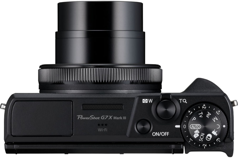 Black Canon PowerShot G7 X Mark III camera, top view, with lens, buttons and a control dial.