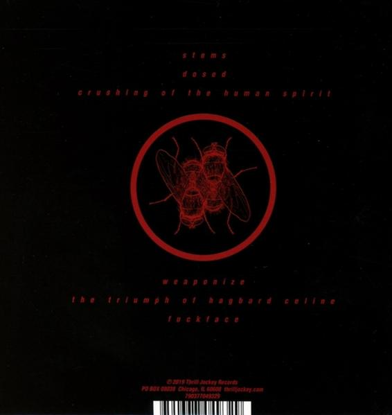 Schwarzes Albumcover mit rotem Text und einer roten Fliegenillustration.