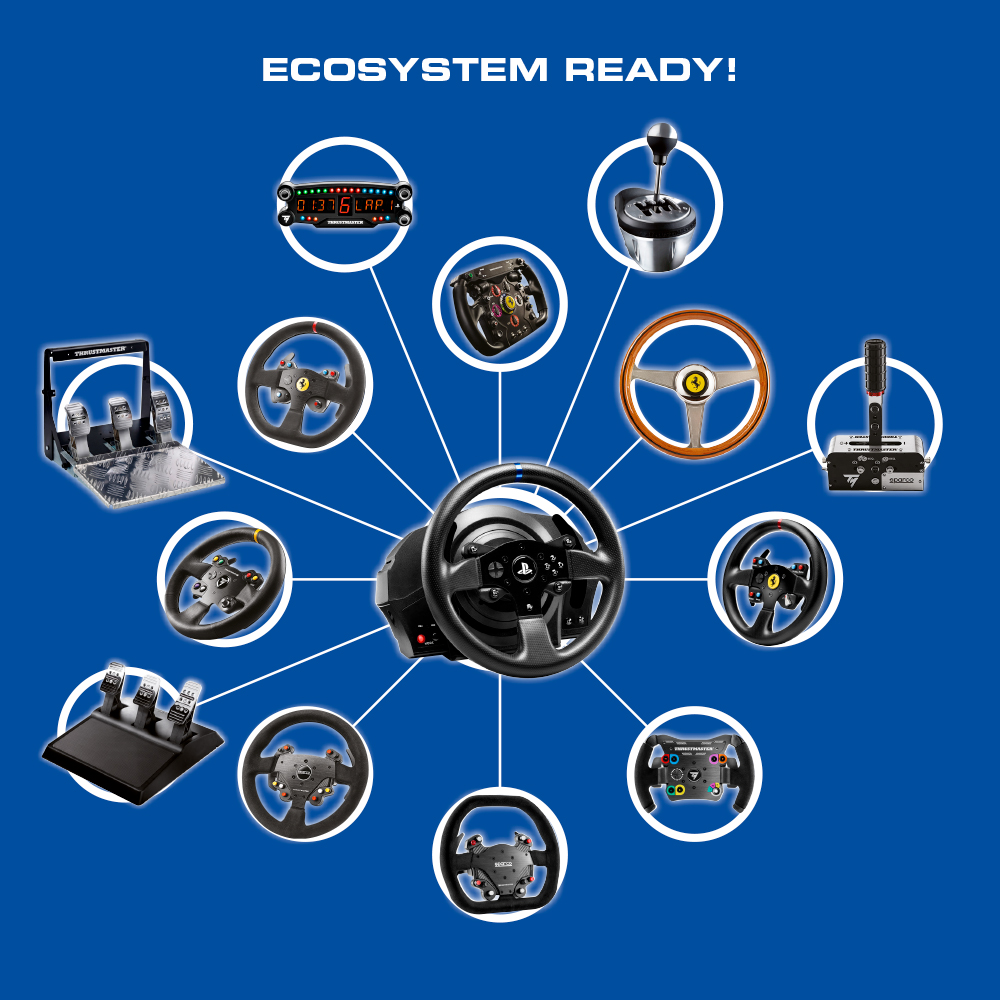 Verschiedene Gaming-Lenkräder und Zubehör, darunter ein zentrales Rad und ein Schalthebel.