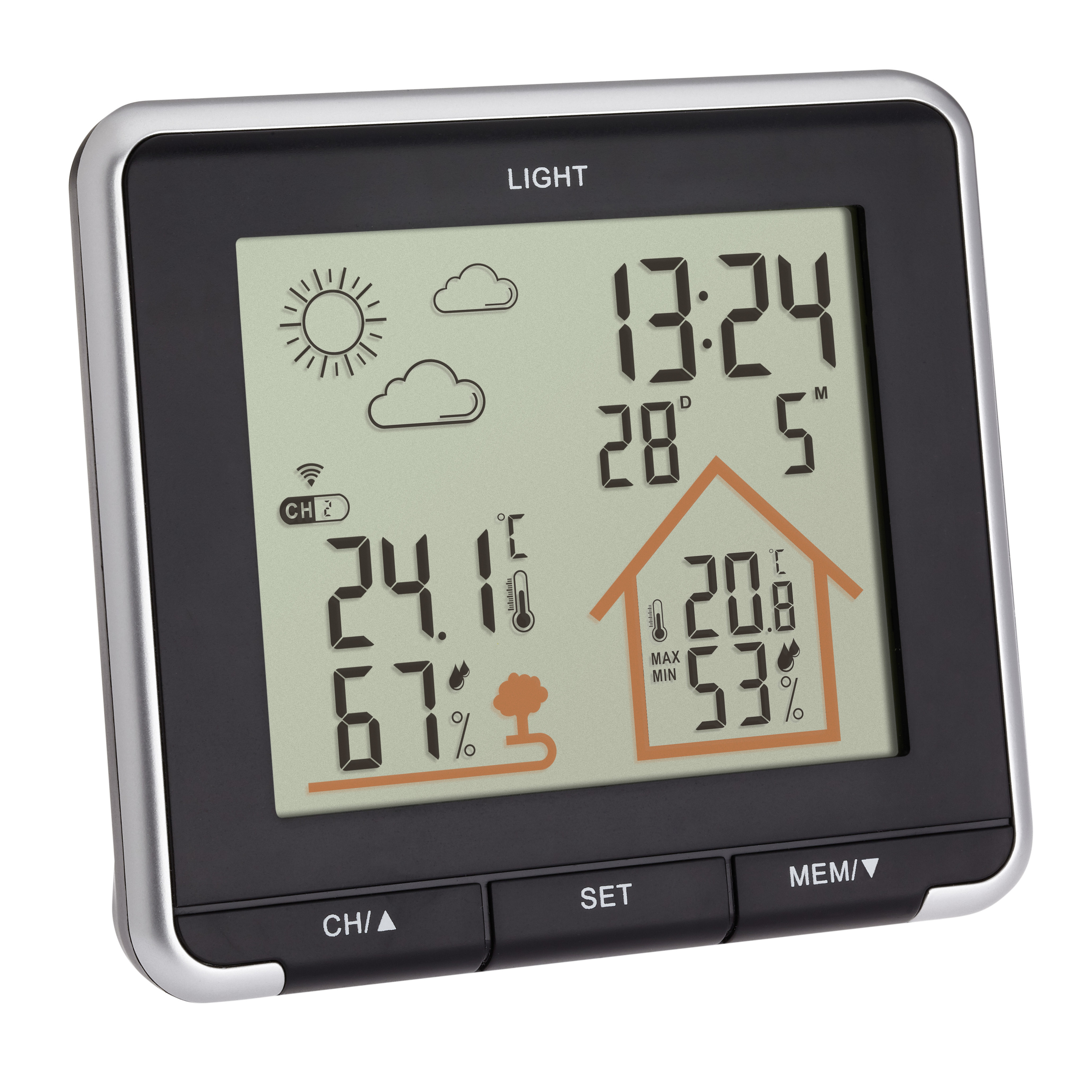 Eine digitale Wetterstation mit schwarzem Rahmen. Sie zeigt die Uhrzeit, Temperatur und Wettervorhersage.