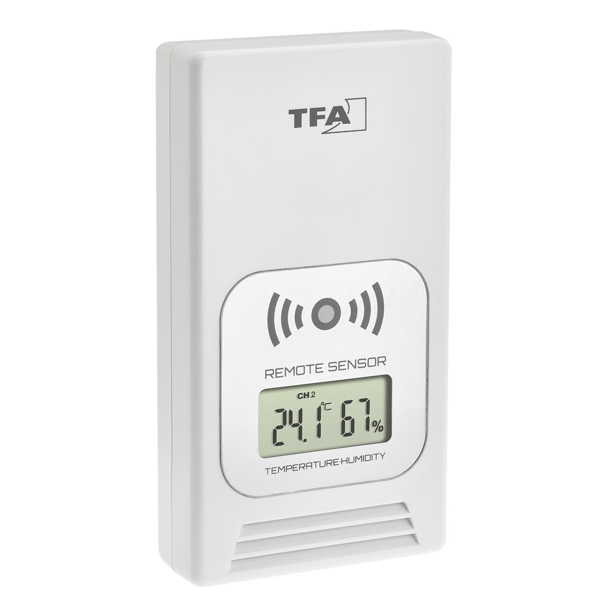 Ein weißer Fernsensor mit einem Display, das Temperatur- und Feuchtigkeitswerte anzeigt.