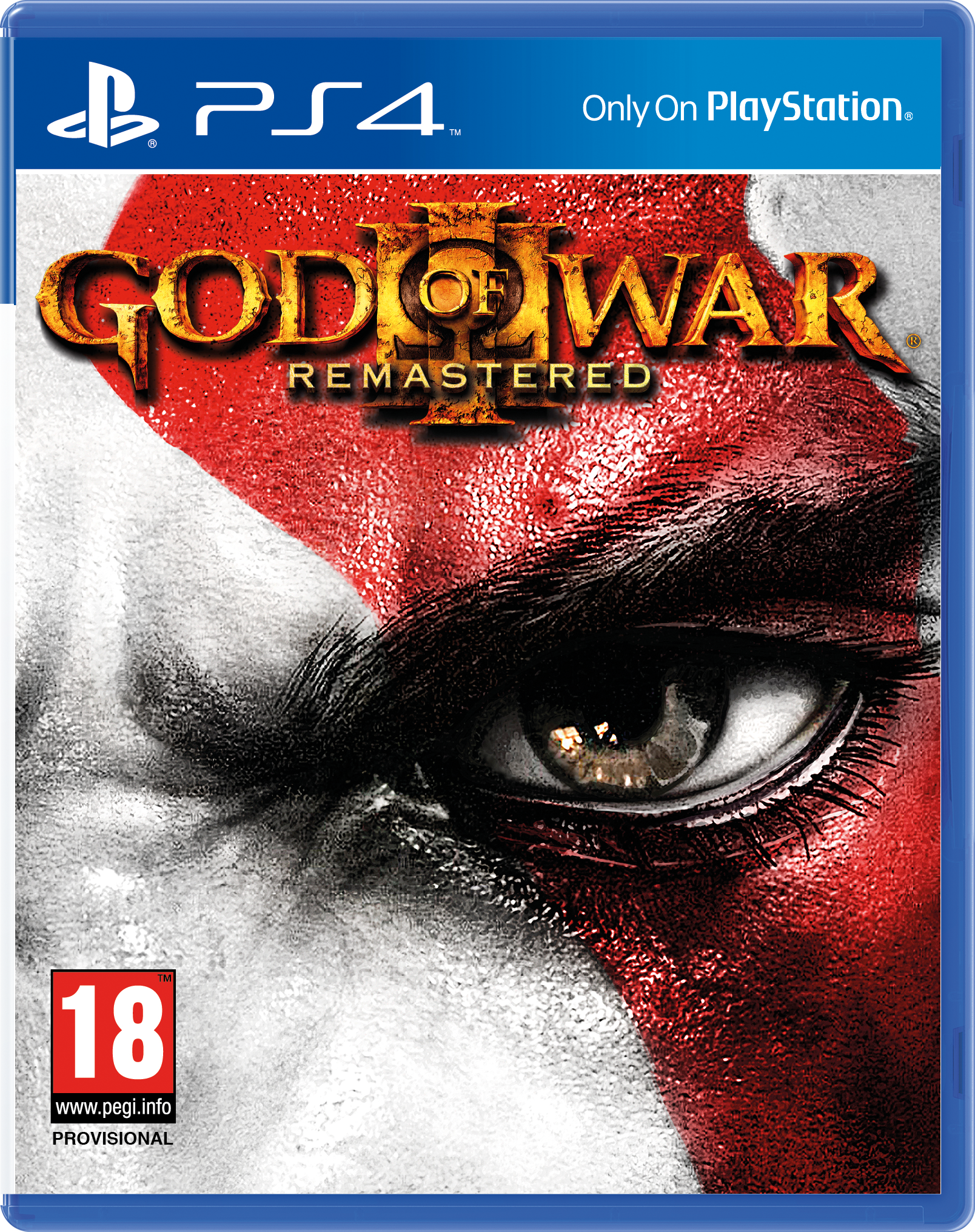 PS4-Spielcover von God of War Remastered. Zeigt Kratos' Gesicht mit roter und weißer Farbe.