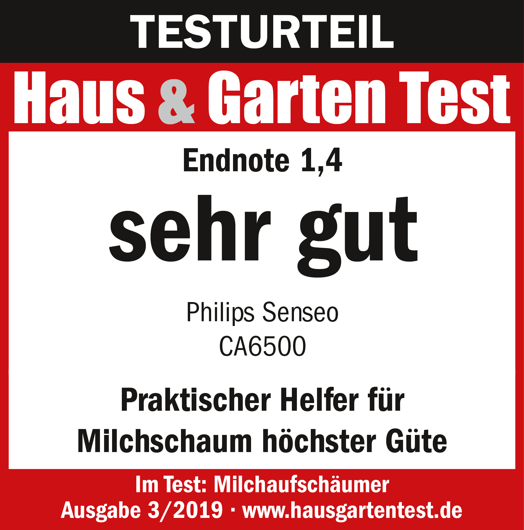 Ein Testaufkleber mit dem Text 'Endnote 1,4 sehr gut' und dem Text 'Philips Senseo CA6500'.