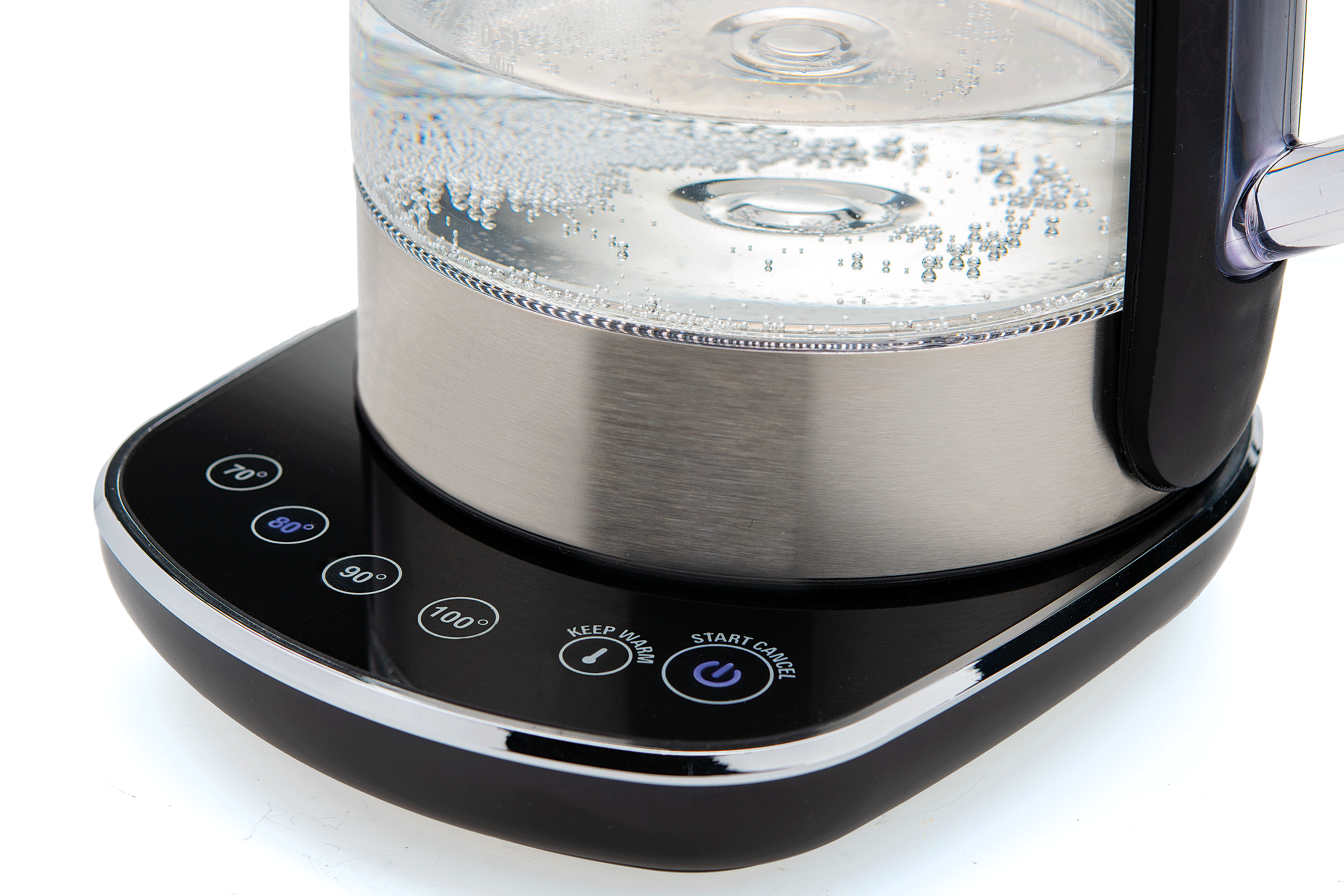 Wasserkocher mit Touchscreen, Wasser innen und Knöpfen.