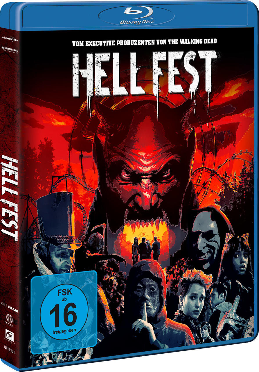 Hell Fest Filmcover: Dämon in roter Umgebung, mit Menschen im Hintergrund.
