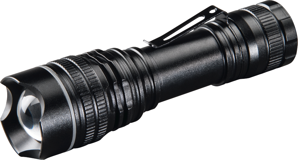 Une lampe de poche noire. Elle a une lentille à l'avant et un clip de poche sur le côté.
