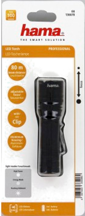 Une lampe de poche LED noire emballée avec des détails et une marque.