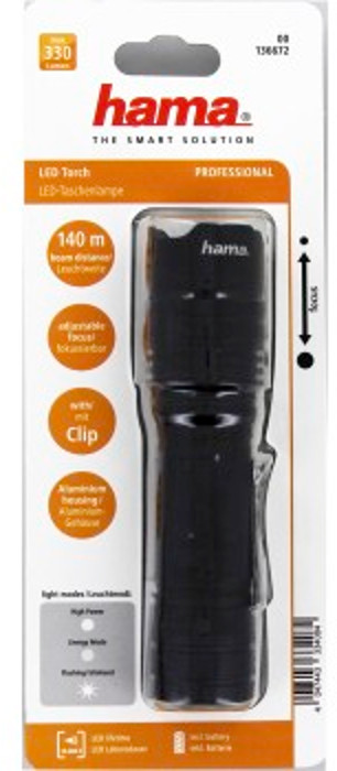 Zwarte Hama LED-zaklamp, met verpakking die functies zoals focus toont.