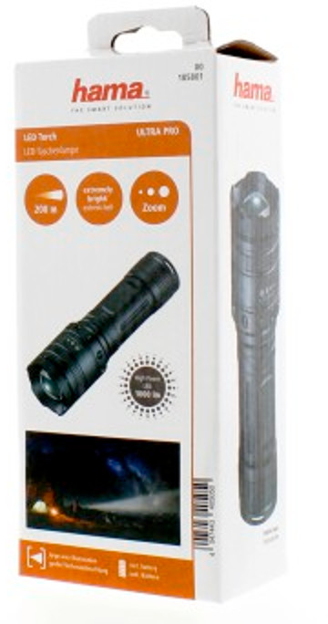 Une boîte blanche avec une image et du texte de lampe de poche LED noire. C'est une lampe de poche LED Hama Ultra Pro.