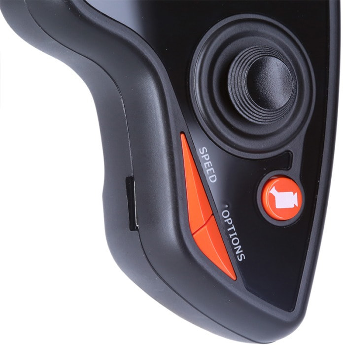 Close-up of a game controller. Orange buttons for speed and options, and a camera button.