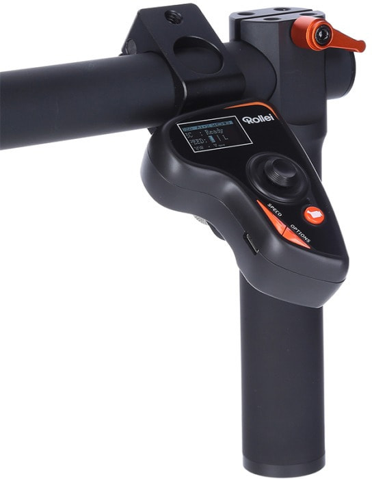 Black camera stabilizer with a controller displaying information.