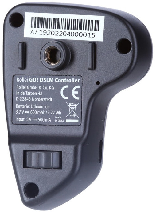 Black, handheld device. Text and numbers on the back. Text: Rollei GO! DSLM Controller.