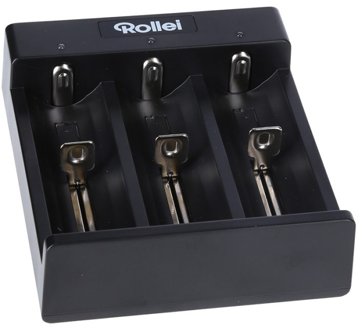 Black Rollei battery charger with three charging slots.