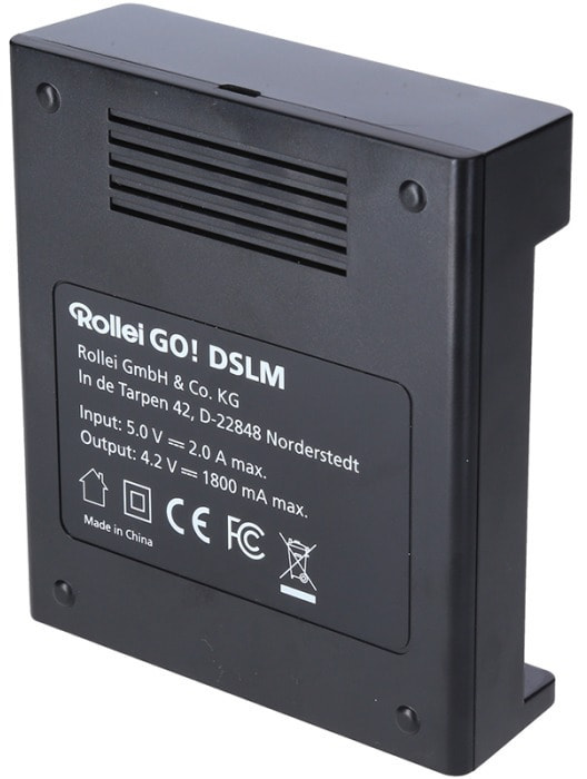 A black Rollei GO! DSLM battery charger.