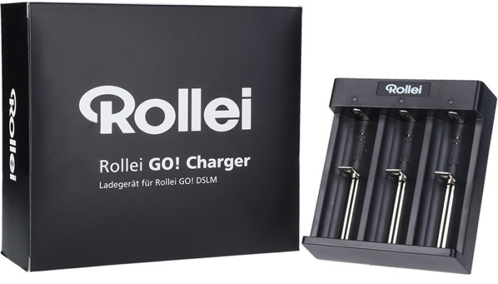 Black Rollei GO! charger box and charger. White background.