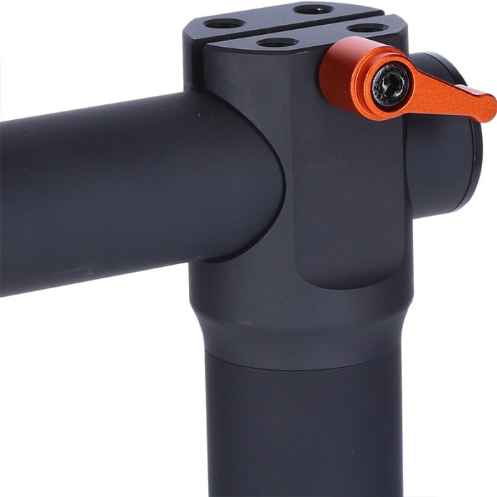 A black metal arm with an orange knob on a white background, close-up shot.