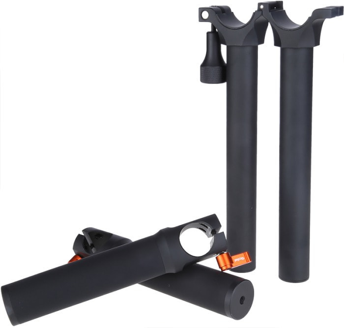 Black handles for a bicycle, with orange accents, and white background.