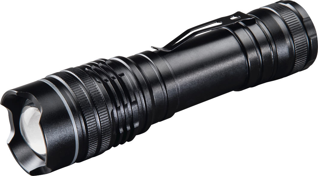 Lampe de poche noire avec un corps en métal. Elle a une lentille en verre et un clip métallique.